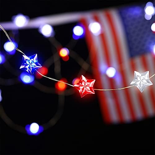 13 Feet 40 LEDs bağımsızlık günü dize ışıkları yıldız ışığı dize peri ışıkları ve 45 Feet Amerikan bayrağı afiş Anma