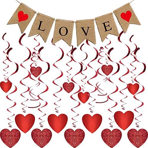 Mocossmy sevgililer Günü Kırmızı Kalp Asılı Dekorasyon Seti, Çuval Bezi AŞK Afiş ve 16 Paket Glitter Kırmızı Kalp