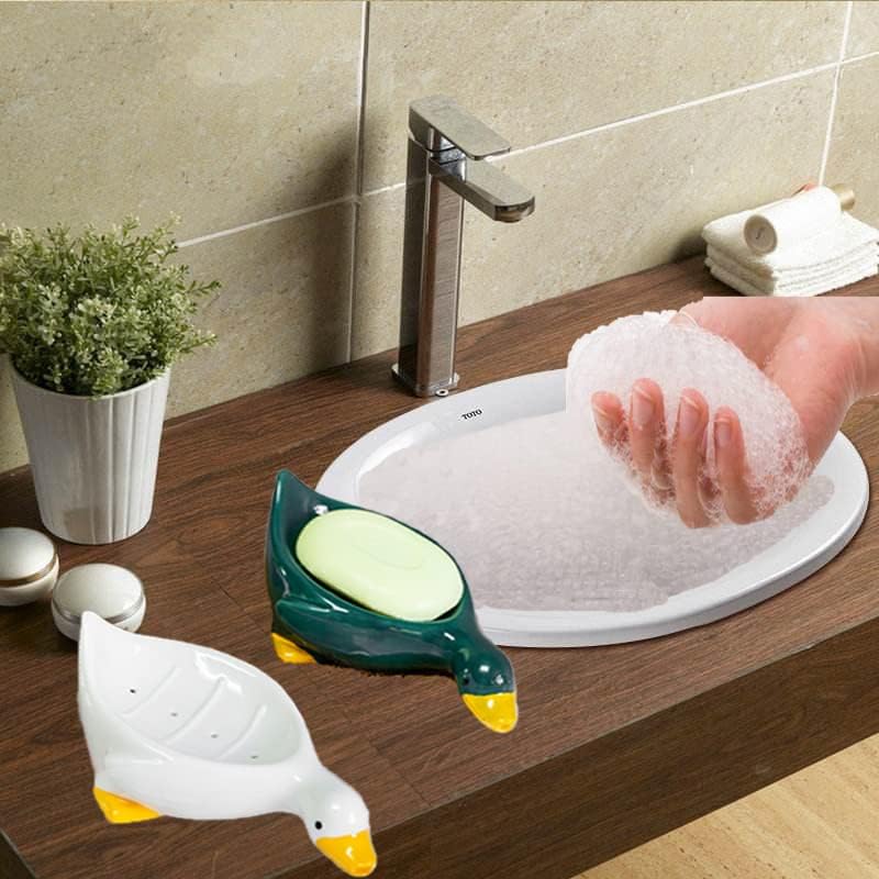 Duş Sabunluk 2 Set Seramik Sevimli Ördek Sabunluklar Kendinden Drenajlı Sabunluk Sabun Kutusu Yoğuşmasız Drenaj Sabunluk