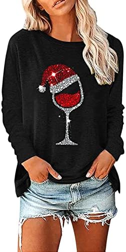Bayan Babydoll Tişörtü Gevşek Fit Noel Kazak Rahat Yüksek Düşük Peplum Kazak Glitter şarap bardağı Grafik Tee