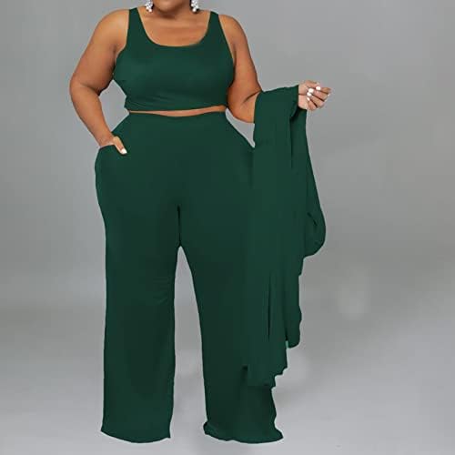 Kadın Artı Boyutu Hırka Tankı Kırpma Üst ve Geniş Bacak Uzun Pantolon Tulum tulum takımı 3 Parça Setleri Kıyafet