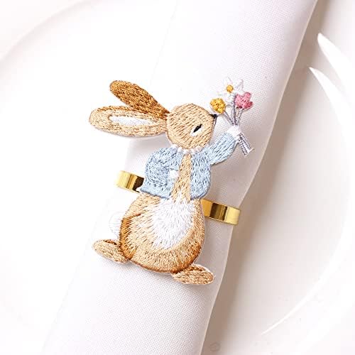 Paskalya tavşanı tavşan peçete halkaları 6 Set, paskalya dekorasyonu parti yemek masası ayarları için tavşan desenli