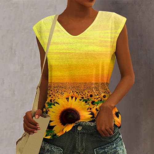 Rahat Kolsuz Tankı Üstleri Kadınlar için V Boyun Kravat Boya Çiçek Tunikler Gevşek T-Shirt 2023 Yaz Moda Tişörtü
