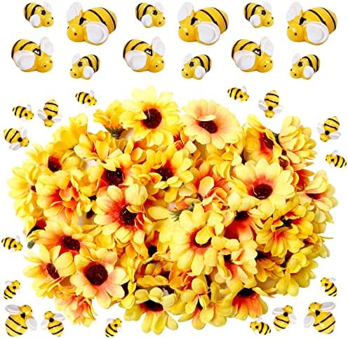 Yzzsjc 50 adet Tiny Reçine Arılar Dekor ile 50 adet Mini Yapay İpek Sarı Ayçiçeği Kafaları 3 Boyutu Bumble Bee Şekilli