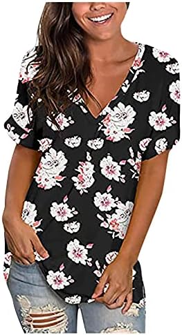 WENY Yaz Üstleri Kadın V Boyun Kısa Kollu T Shirt Dantel Çiçek Baskılı Üstleri Bluzlar Rahat T-Shirt