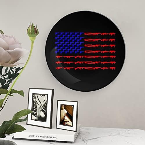 Amerikan Bayrağı Silah Bayrağı Dekoratif Levha Yuvarlak Seramik Plakalar için Ekran Standı ile Ev Ofis Düğün Dekor