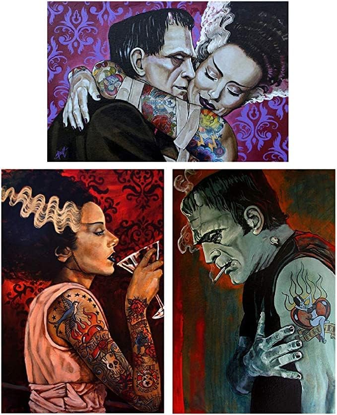 Frankenstein ve Gelin Canavar Aşk Mike Bell Dövme Seti 3 Duvar Sanatı Baskılar