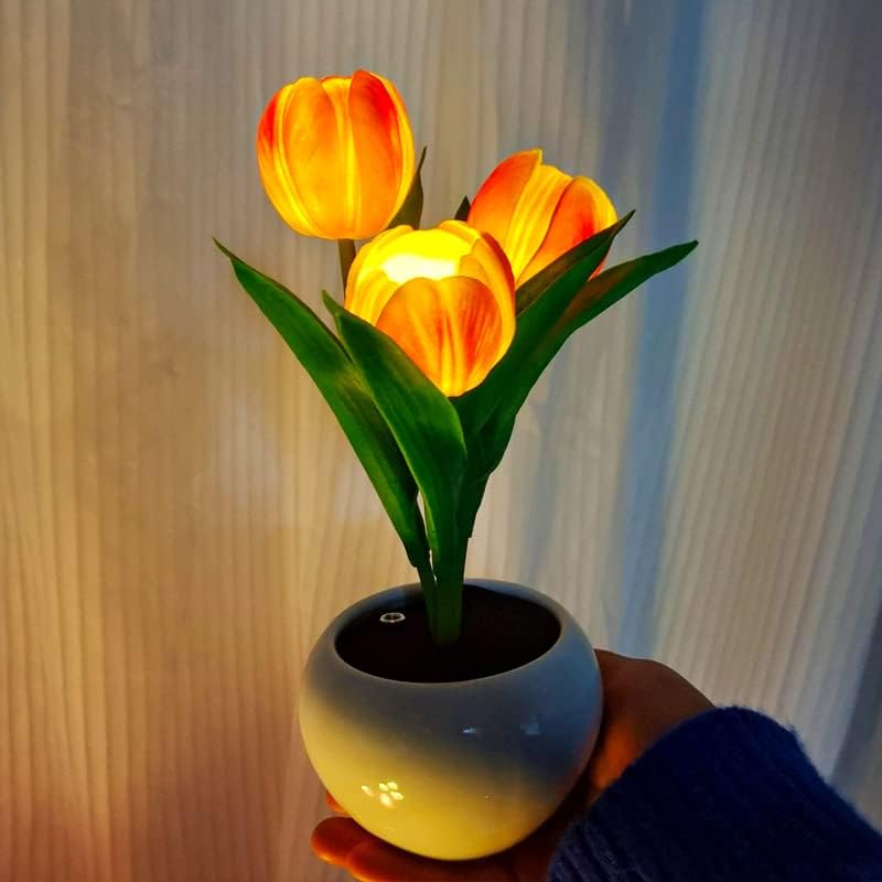 Lale masa lambası,masa lambası Led simülasyon çiçek 3 kafaları laleler gece lambası ile vazo, USB şarj ve karartma,masaüstü