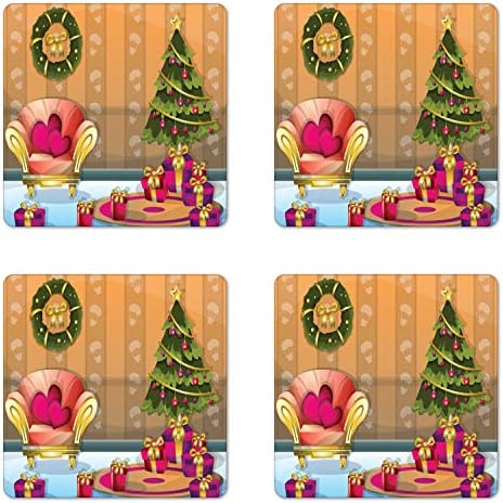 Ambesonne Noel Coaster 4'lü Set, Koltuklu Güzelleşen Ağaç ve Hediye Kutuları ile Mutlu Noel Temalı Oda Karikatürü,