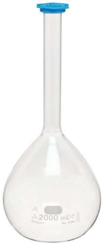 Corning Pyrex 5580-50 Borosilikat Cam 50mL + / - 0.05 mL Düz Tabanlı Sınıf A Volumetrik Flask, Polietilen Geçmeli