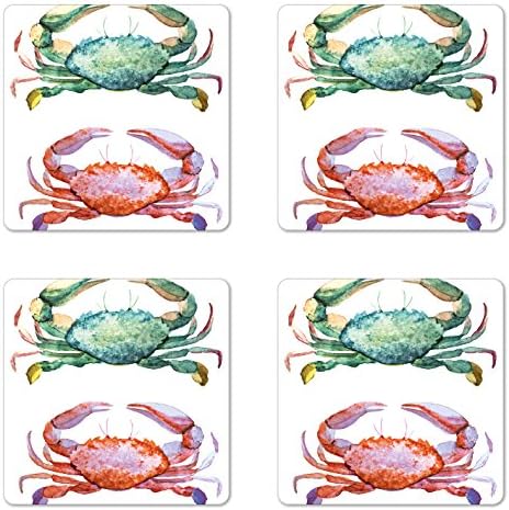 Ambesonne Yengeçler Coaster 4 Set, Suluboya Tarzı Etkisi Deniz Hayvan Tema Desen İllüstrasyon Yengeçler Sanat Baskı,
