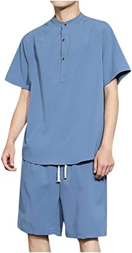 Erkek Artı Boyutu Eşofman İki Adet Pamuk Keten Kıyafetler Setleri Kısa Kollu Gömlek Uzun Pantolon Rahat Pijama Seti