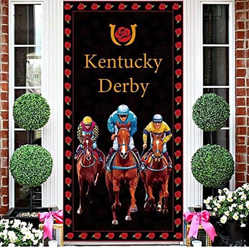 Xinyidl Kentucky Derby Kapı Banner, 71x35 inç Kentucky Derby Zemin Asılı Güller At Yarışı Kapı Kapak için Tatil Kutlama
