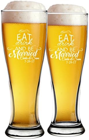 2 Set Özel Kişiselleştirilmiş Yemek İçecek ve Evli Çiftler Pilsner bira bardakları Kazınmış ve Monogramlı