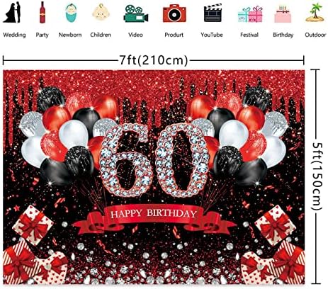 BİNQOO 7x5ft Kırmızı Glitter 60th Doğum Günü Zemin Kırmızı Siyah Glitter Mutlu Pullu Altmış Yıldönümü Fotoğraf Arka