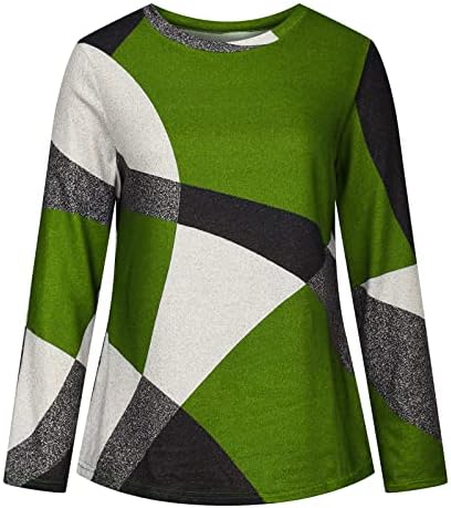 Kadınlar için rahat Renk Bloğu Üstleri Sonbahar Geometrik Baskı Gömlek Gevşek Fit Ekip Boyun T Shirt Yumuşak Rahat
