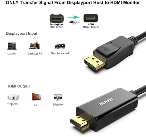 BENFEİ DisplayPort-HDMI 6 Fit Kablo, 5 Paket DisplayPort-HDMI Erkek-Erkek Adaptör Altın Kaplama Kablo Lenovo, HP,