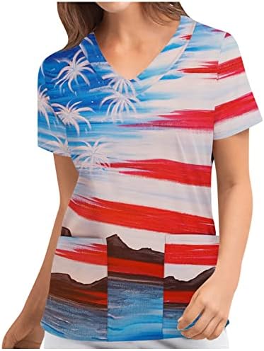 4th Temmuz Fırçalama Üstleri Kadınlar için Amerikan Bağımsızlık Günü Fırçalama Gömlek ABD Bayrağı Baskı Tatil Hemşirelik