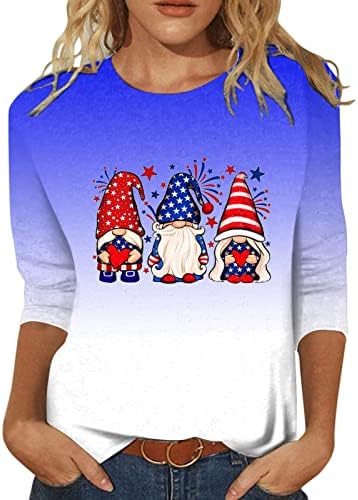 2023 Kadın Yaz Üstleri Amerikan Bayrağı Vatansever T Shirt Casual Tatil 3/4 Kollu Tunikler 4th Temmuz Ekip Boyun