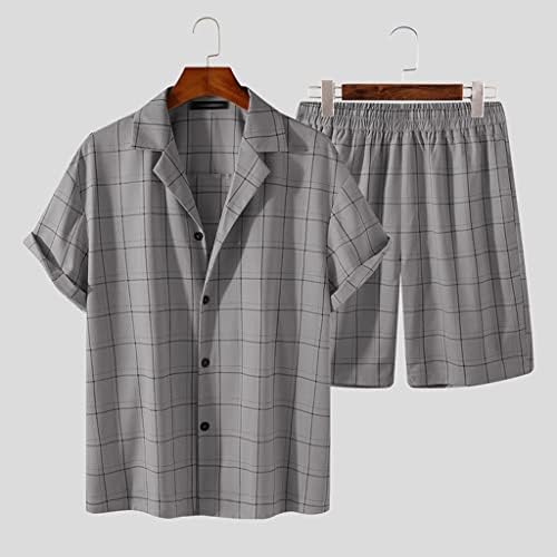 n / a Erkek Ekose Setleri Nefes Streetwear Yaka Kısa Kollu Gömlek Elastik Bel Şort Rahat erkek Takım Elbise 2 Adet